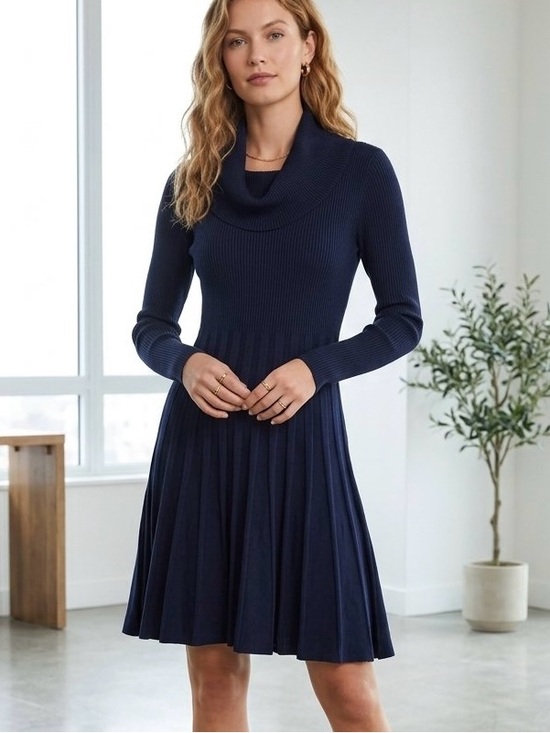 Calvin Klein Dresses & Skirts - Calvin Klein Navy Blue Ribbed Cowl Neck Fit & Flare Sweater Dress L